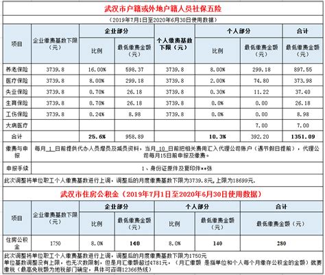 2019年7月武汉社保最低缴费基数