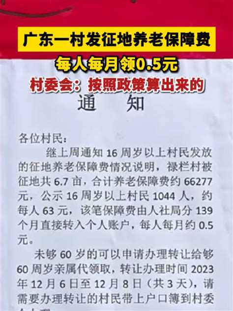 广东一村发征地补偿每人每月领0.5元